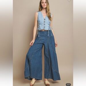 NEW! LIGHT WEIGHT DENIM WIDE LEG BOTTOMS WITH ELASTIC WAIST